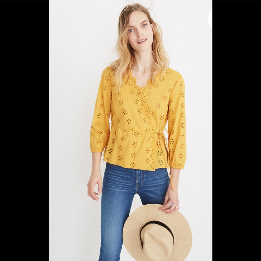 Madewell Yellow Eyelet Wrap Blouse